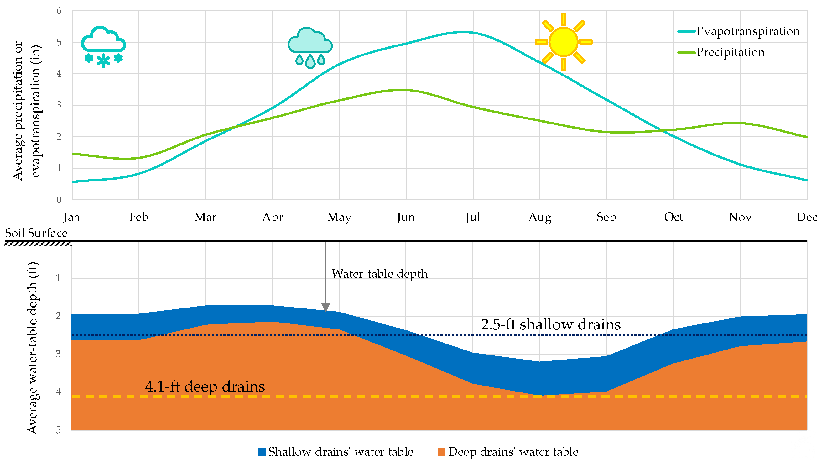 Thirty-year average water-table depth is shallower for shallow drains compared to deep drains. The soil surface is at the 0 ft depth. Shallow drains have less annual drainage discharge and flow over fewer days of the year. Data are for a silty clay loam soil in Lansing, Michigan.